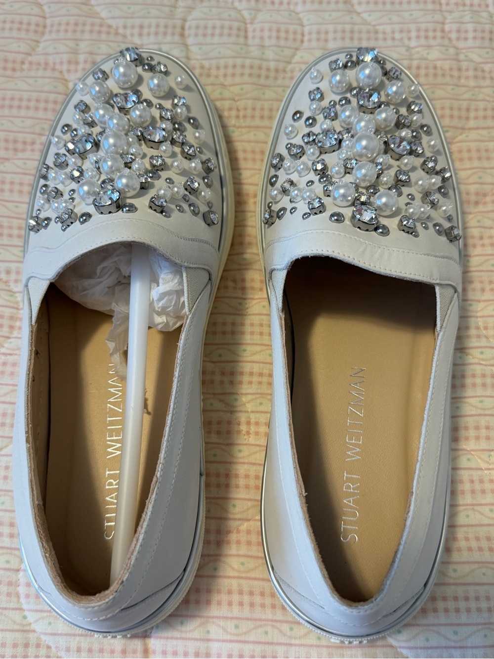 Stuart Weitzman White Crystal-Embellished Slip-On Sneakers